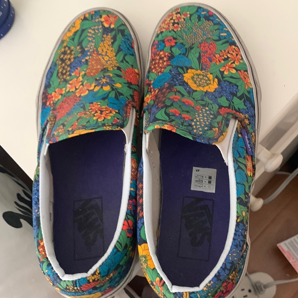 Flowered Multi-colored Vans Slip On Shoes